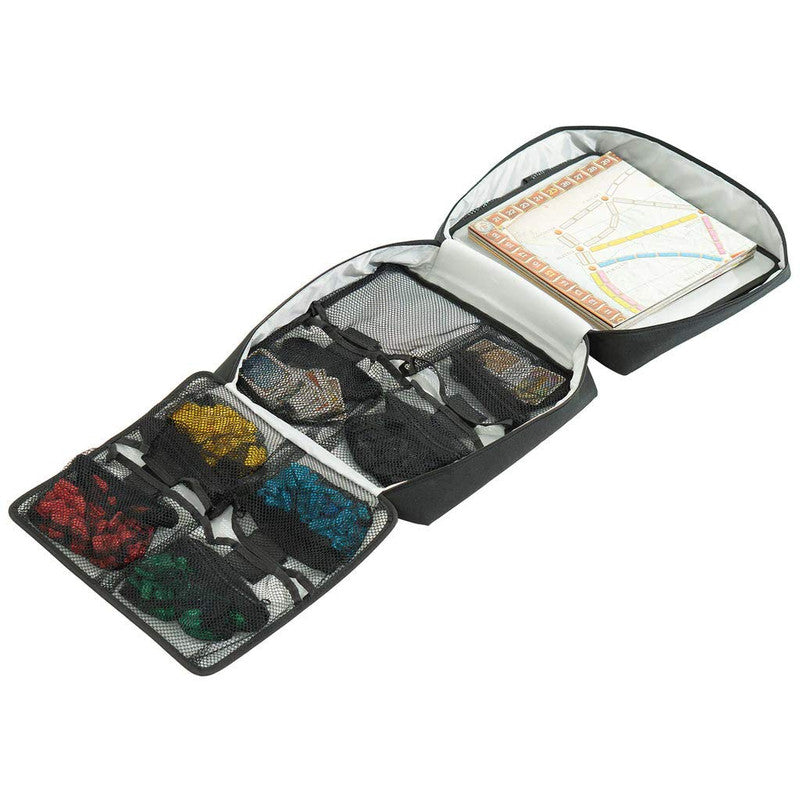 Black multi-compartment travel organizer for board game pieces and maps