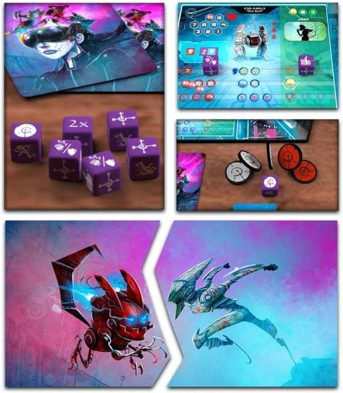 Fired Up sci-fi board game components: character cards, purple dice, game boards, tokens, and detailed creature illustrations.