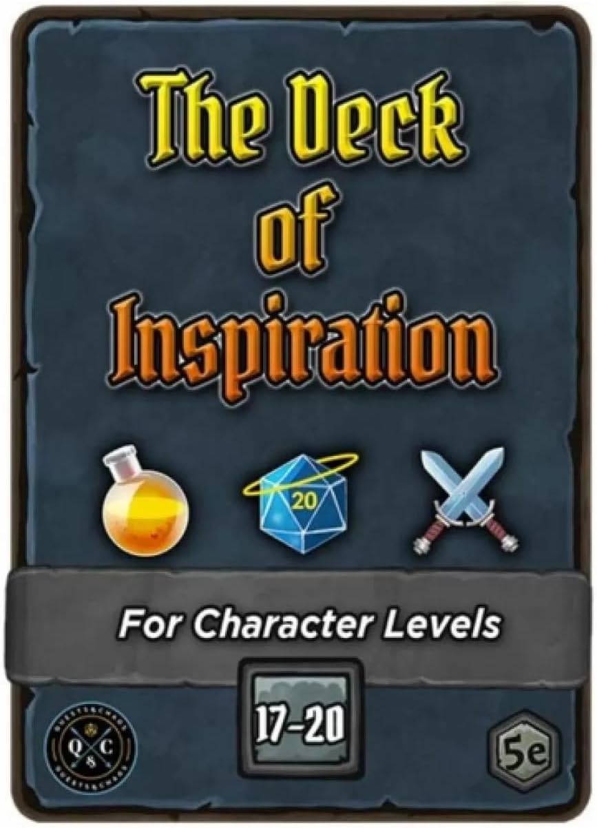 A game card titled "The Deck of Inspiration" for D&D 5e, with potion, d20, and crossed swords icons, for character levels 17-20