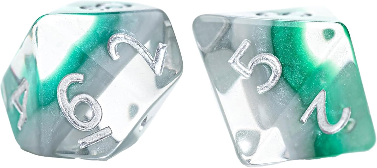 Two clear polyhedral dice with green and grey glitter swirls. Silver numbers 6, 2, and 5 are visible