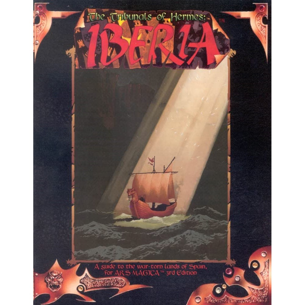 Ars Magica Third Edition - Tribunals of Hermes: Iberia sourcebook cover: A small sailing ship on dark, choppy seas, illuminated by a dramatic light beam