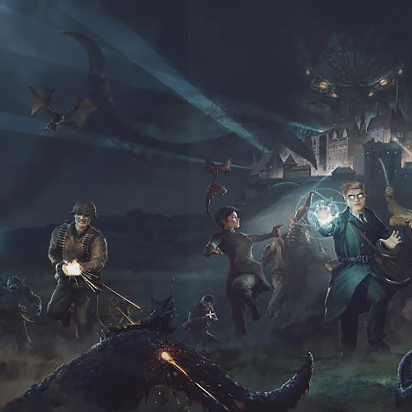 Soldier, magic-users battle monsters on a dark field. A giant winged creature and eye loom over a city.