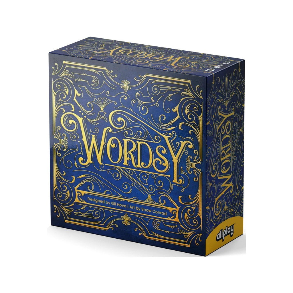 An angled view of the Wordsy board game box, featuring a deep blue background with elaborate gold lettering, decorative swirls, designer credits, and an allplay logo