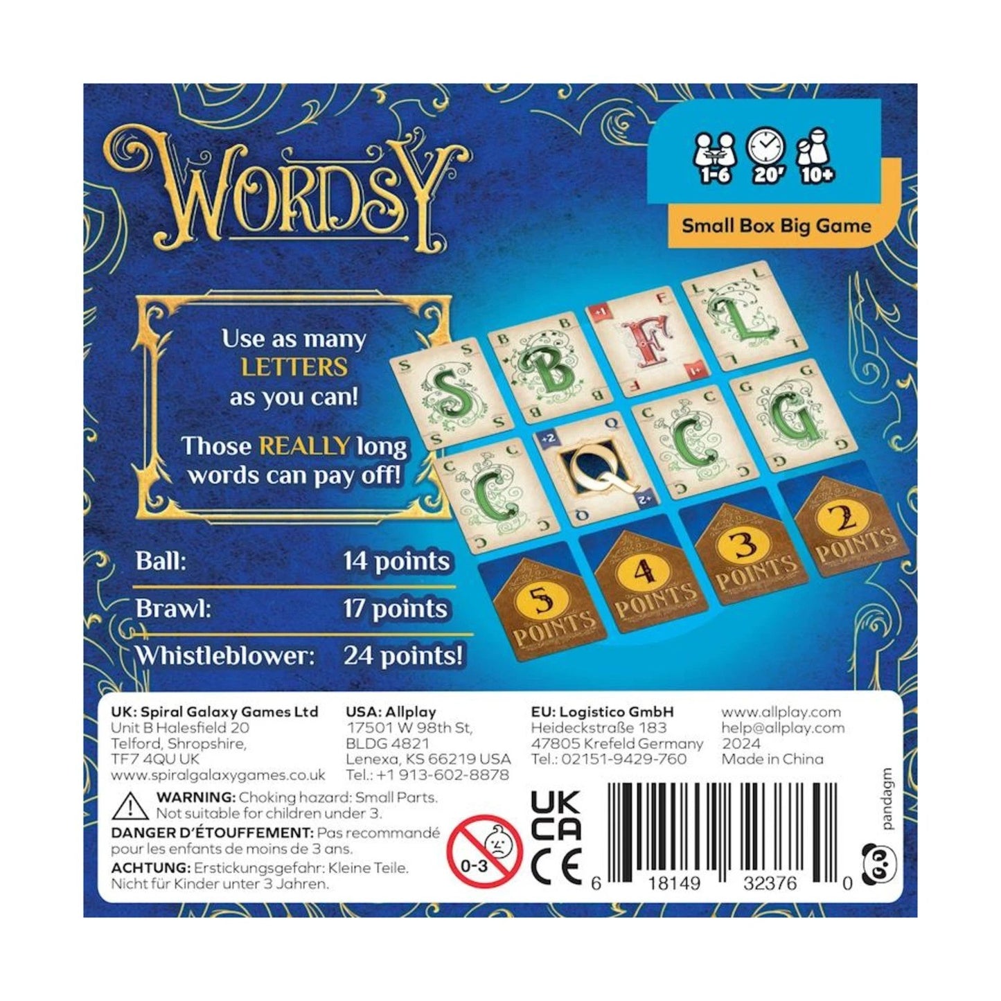 Wordsy game box front features a golden title, scattered letter cards, point tokens, player count 1-6, age 10+, 20-minute play, plus safety warnings and a barcode