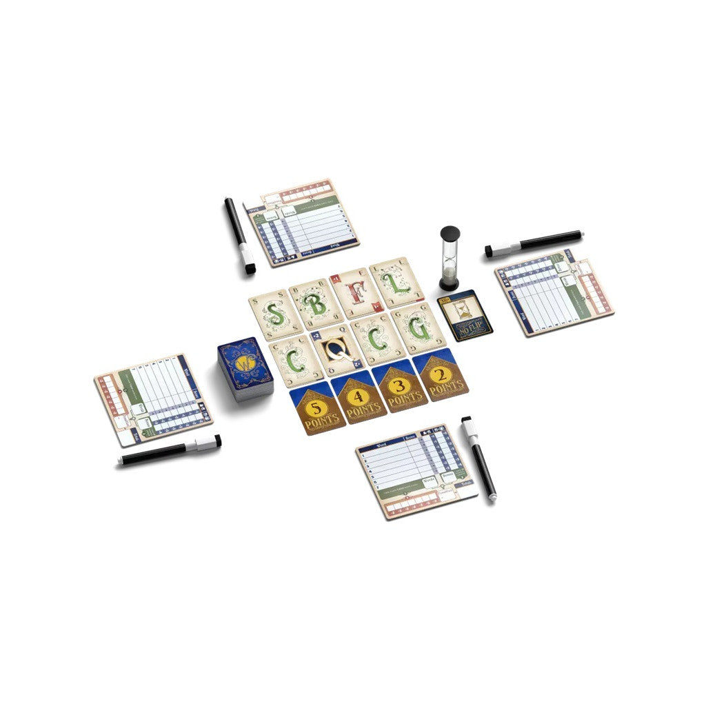 The Wordsy board game is displayed on a white background, featuring green letter cards, numbered golden point cards, a blue card deck, an hourglass timer, and four player scoreboards