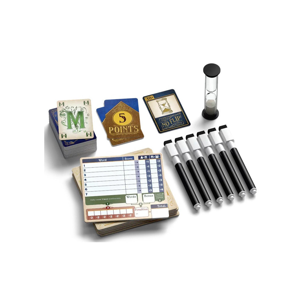 A Wordsy board game set displaying a stack of 'M' letter cards, scorecards, '5 Points' and 'No Flip' special cards, an hourglass timer, and six dry-erase markers on white