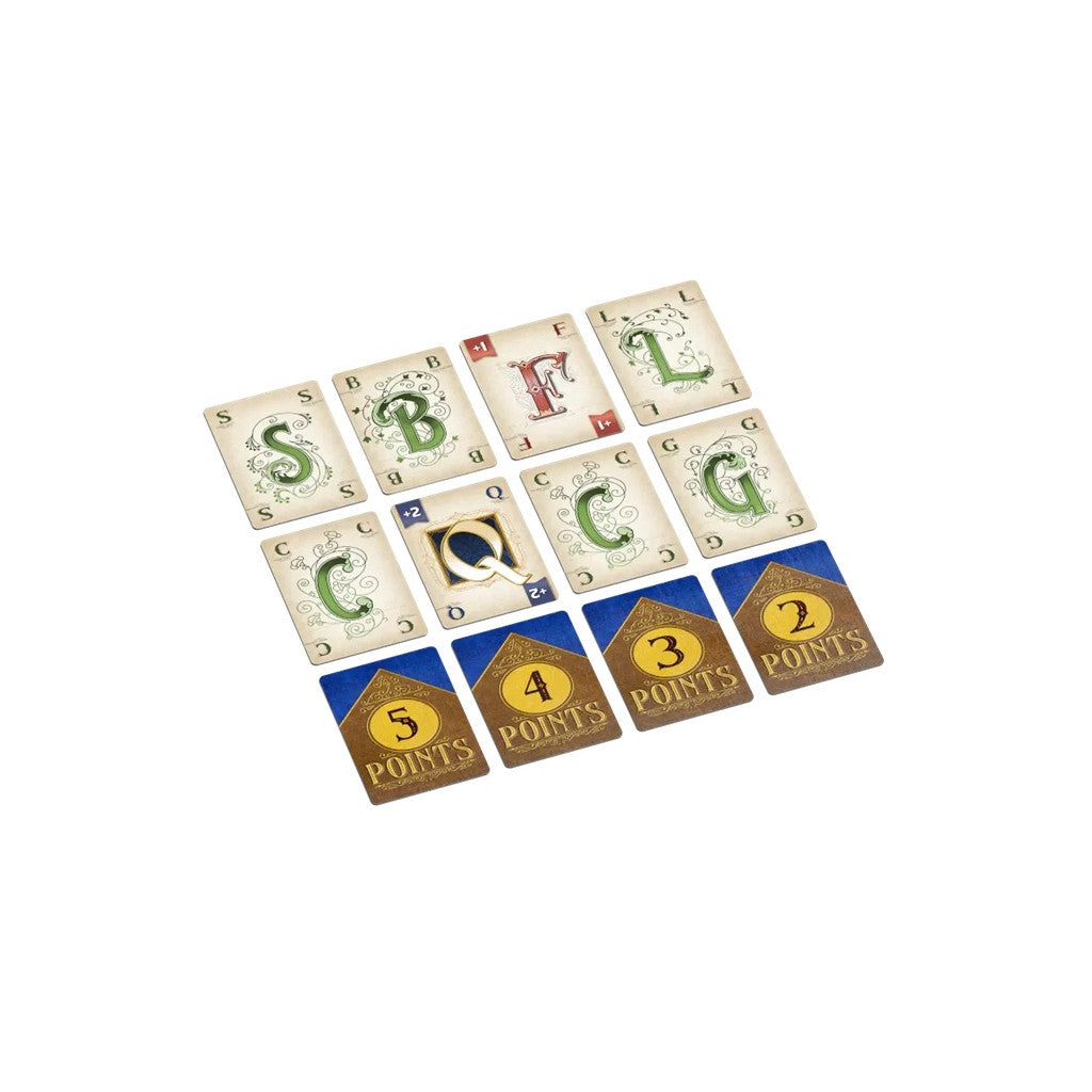 Twelve Wordsy game cards are artfully arranged, showcasing ornate green and red letter cards alongside brown and blue point cards numbered from 2 to 5, all against a crisp white background
