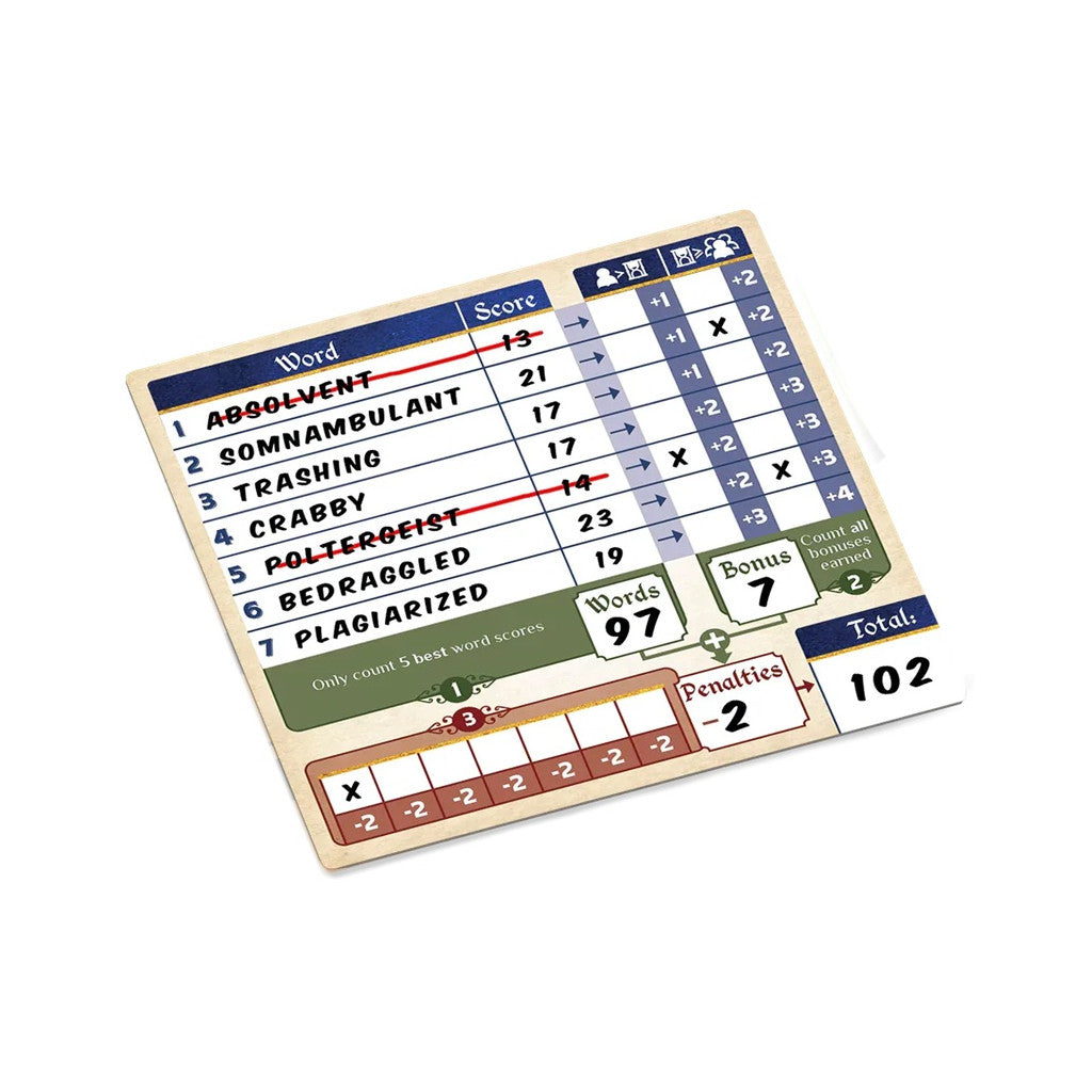 An angled Wordsy game scoring card displaying words, individual scores, bonus points, calculated penalties, and a final total of 102