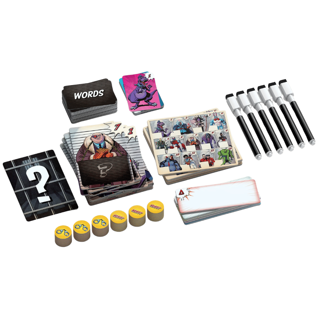 Alibis game components including stacks of cards like WORDS, suspect cards, question mark cards, blank cards, yellow tokens with handcuffs and HEAR, and six markers