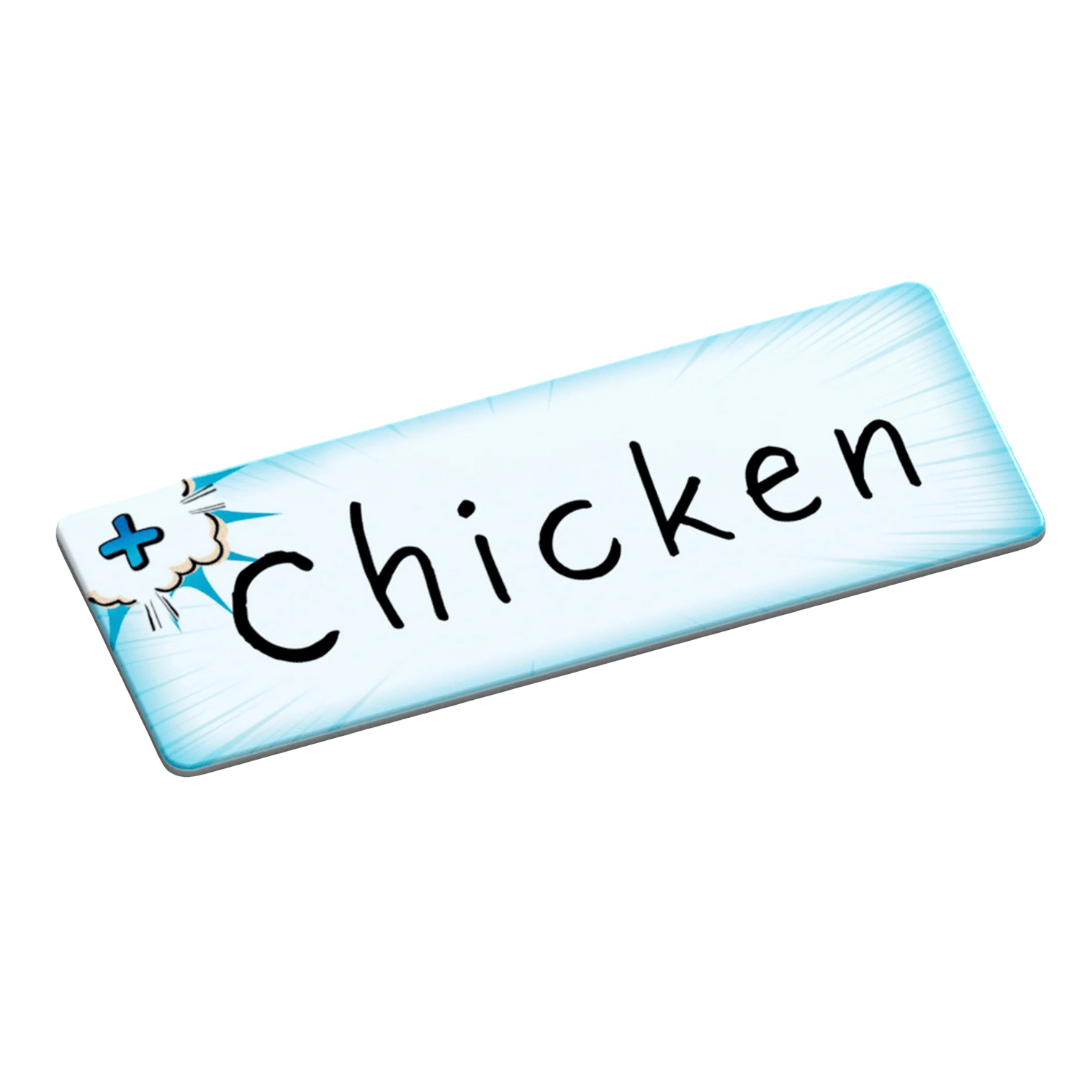 A light blue sign with rounded corners displays the word Chicken in black script, with a blue plus and comic burst on the left