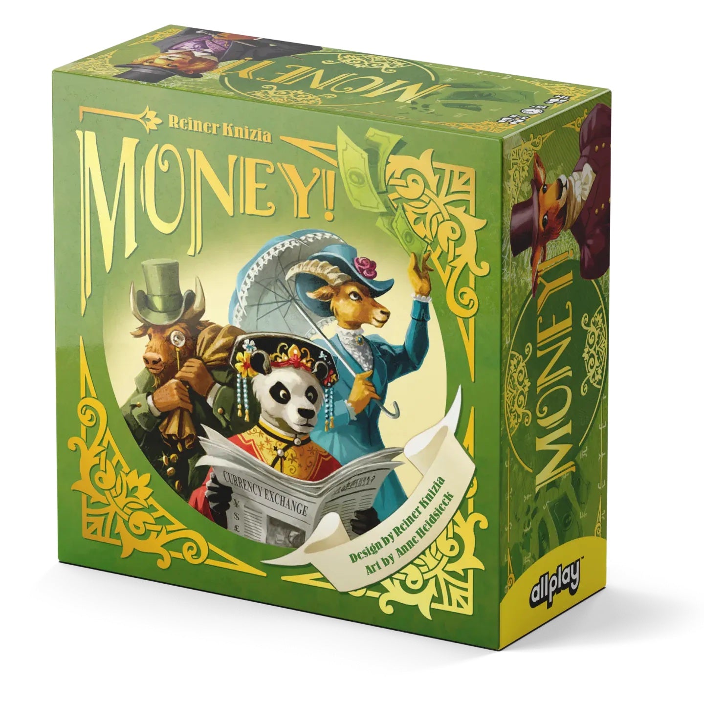 The Money board game box depicts a bull goat and panda in formal attire with money flying and ornate gold details