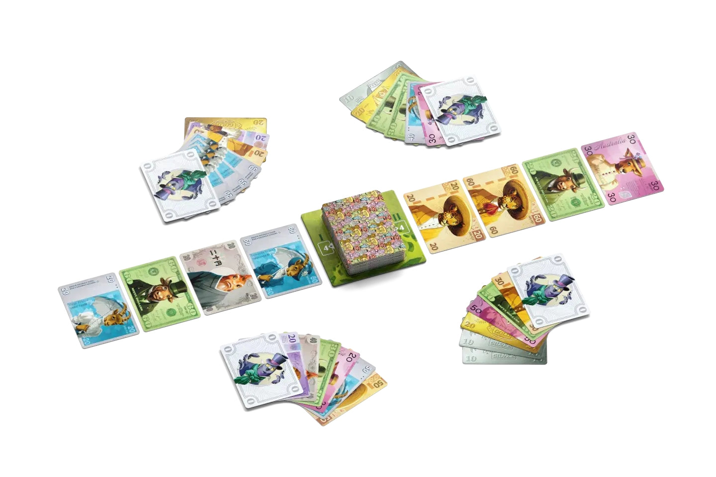 Colorful game money cards featuring animals in human attire are scattered on a black background, with a central stack of smaller patterned cards