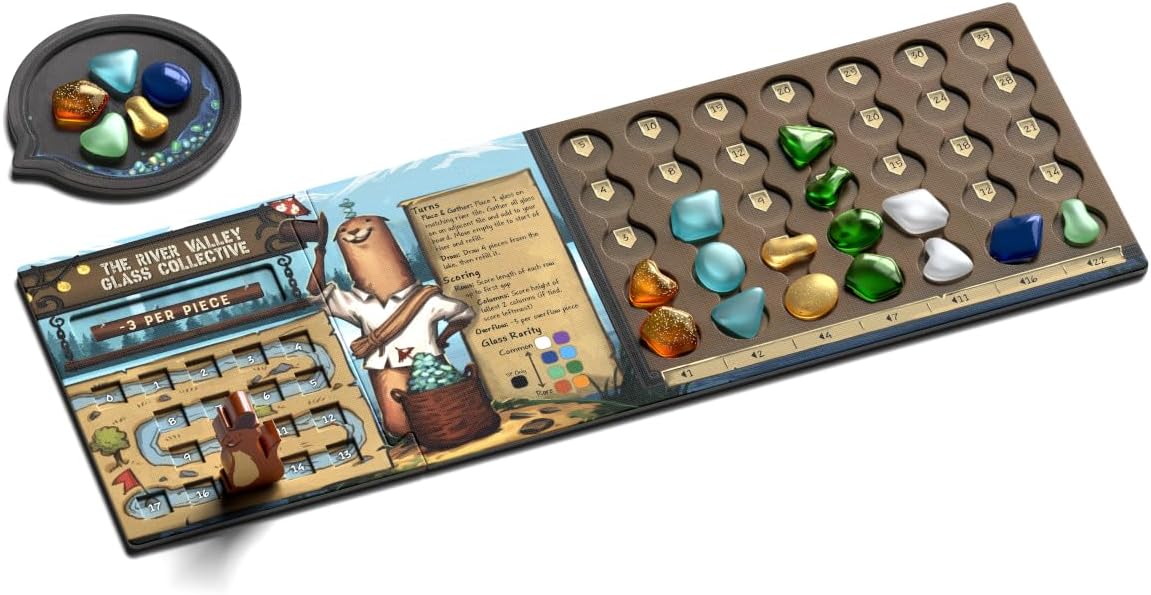 The River Valley Glass Collective board game setup, showing numerous colorful glass tokens, game board, and a wooden meeple