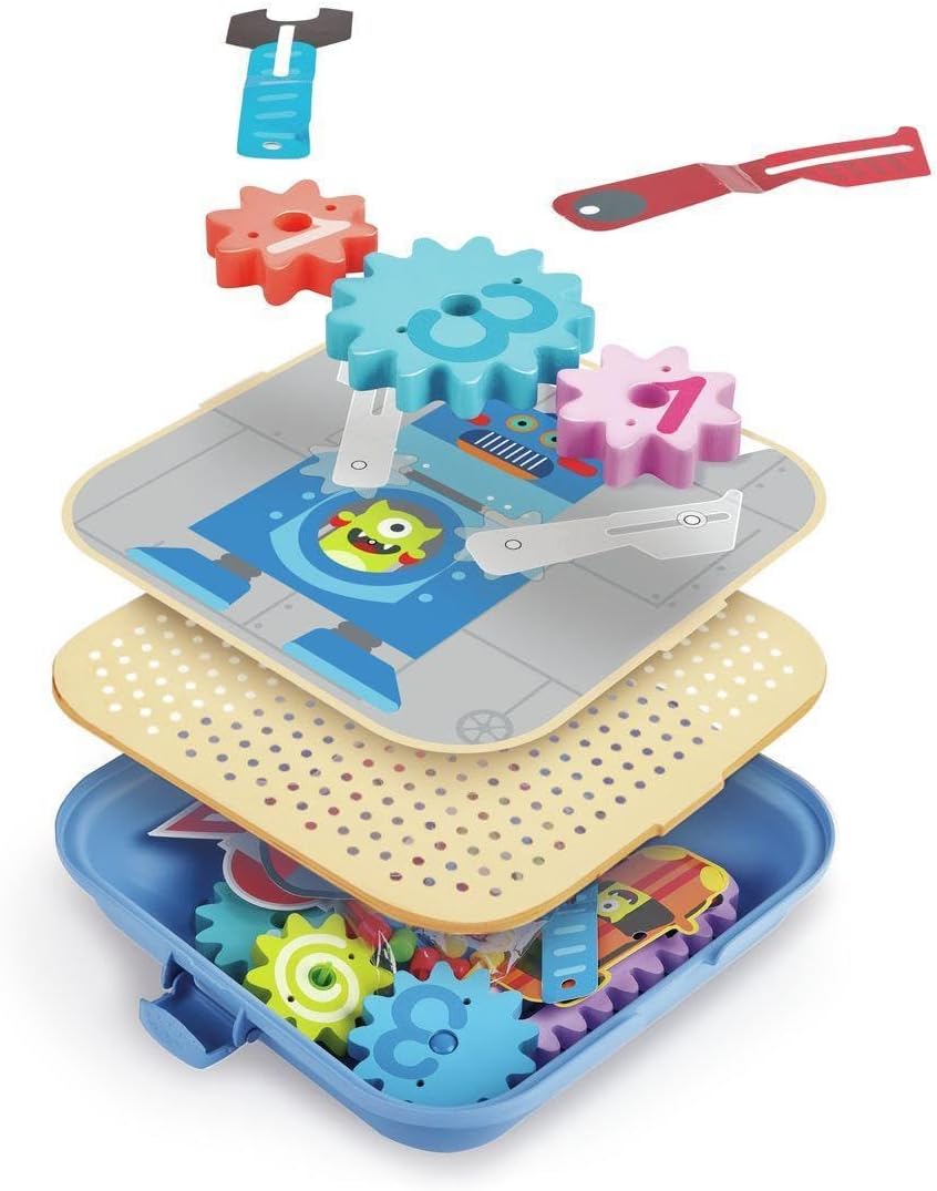 Colorful, layered construction toy featuring gears and tools being assembled on a pegboard with a robot design
