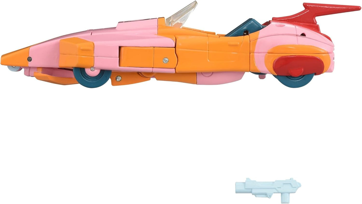 Pink and orange futuristic toy car, side profile, displayed above a light blue weapon accessory
