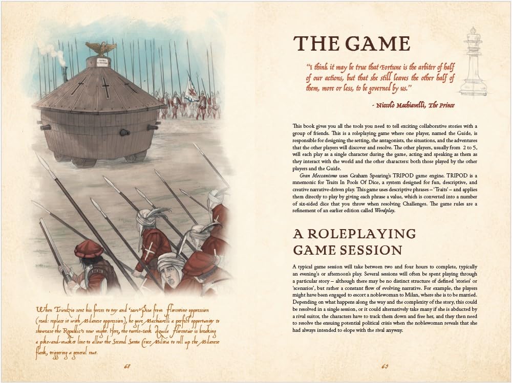 A Renaissance-era "turtle-tank" with an eagle crest advances through a formation of pikemen