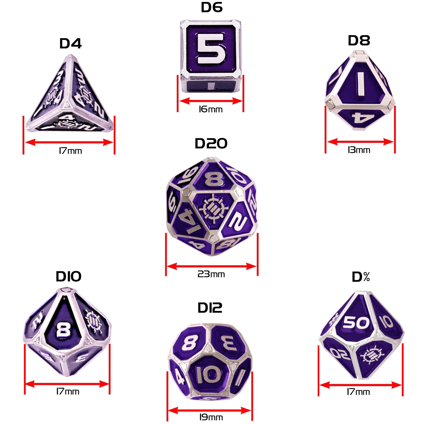 An Enhance Tabletop Collector's Metal RPG Dice Set of seven purple and silver dice (D4-D%), each displaying its width