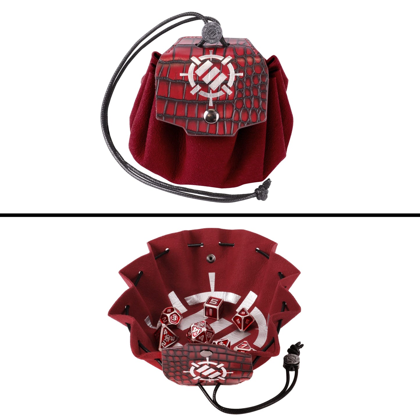 A red 2-in-1 vegan leather dice bag and tray, shown closed and then open to reveal metal RPG dice inside