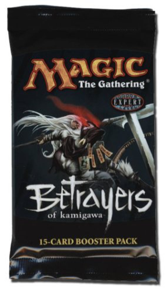 A black Magic The Gathering - Betrayers of Kamigawa Booster Pack showing a white-haired character with a weapon and red glow, labeled 15-CARD BOOSTER PACK