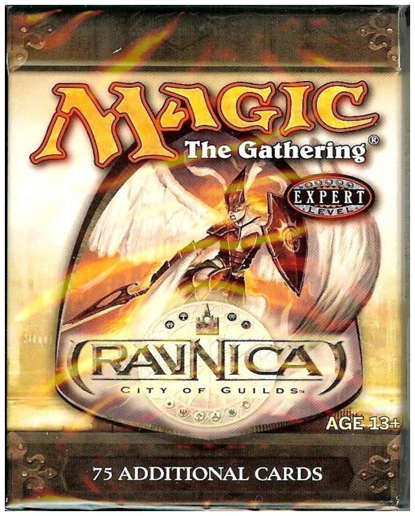 The Magic The Gathering Ravnica Tournament Pack depicts a white-winged warrior with a shield and spear over a fiery backdrop, indicating 75 additional cards