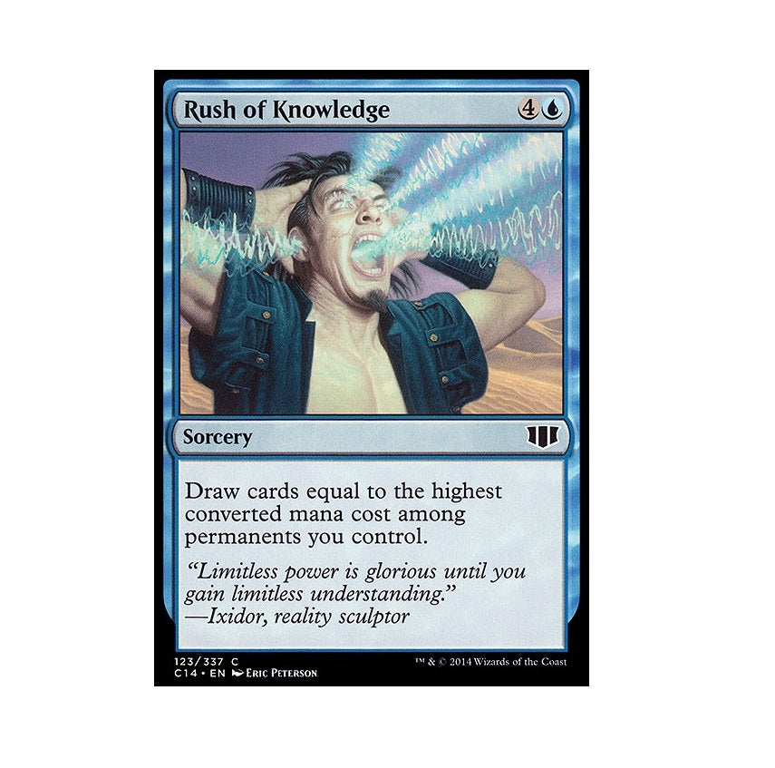 Magic The Gathering card Rush of Knowledge depicts a screaming man clutching his head as blue energy blasts from his eyes and mouth