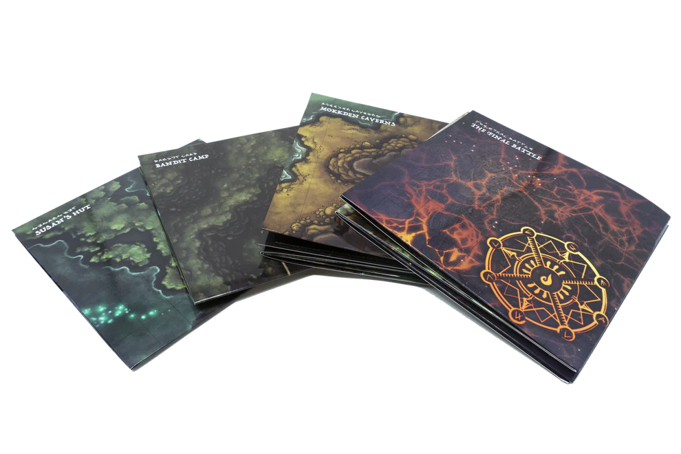A fanned stack of fantasy RPG map tiles, including "Susan's Hut" and "The Final Battle" with a golden compass symbol.