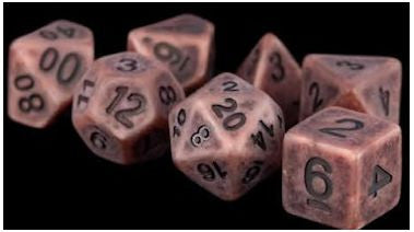 Resin ancient copper polyhedral dice set with black numbers