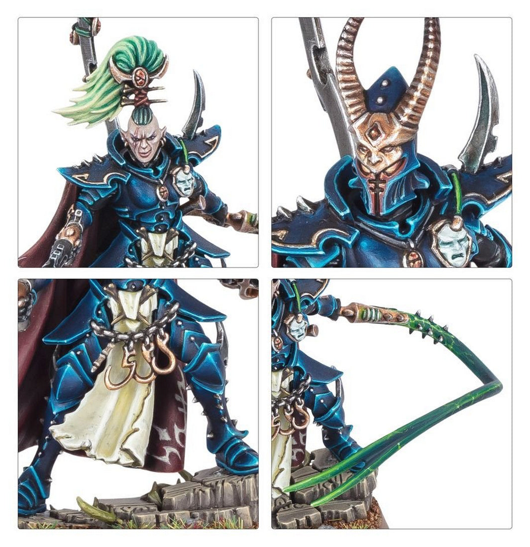 Detailed miniature figure in blue armor with green crest and whip, shown in four close-up views