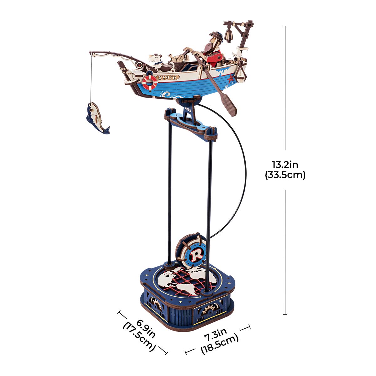 A suspended wooden Rokr Gravity Swing Ocean Fisher mechanical model features a boat, fisherman, and caught fish atop a blue 13.2 inch tall globe stand