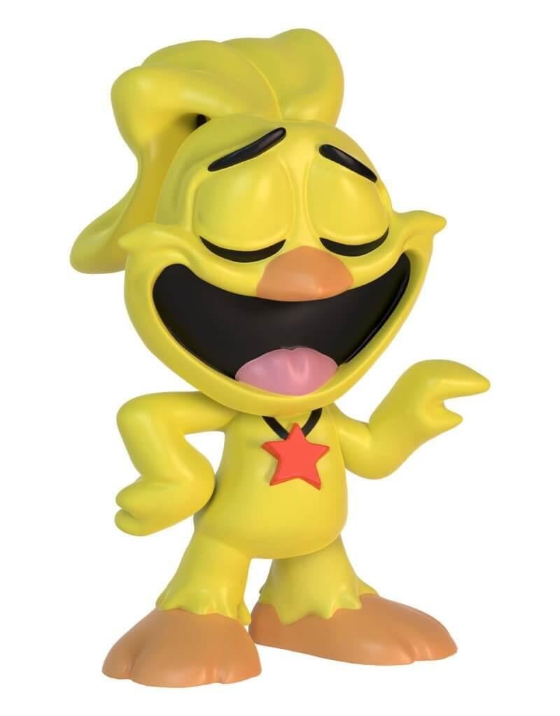 Bright yellow toy figure with closed eyes, a wide grin and tongue out, wearing a red star necklace