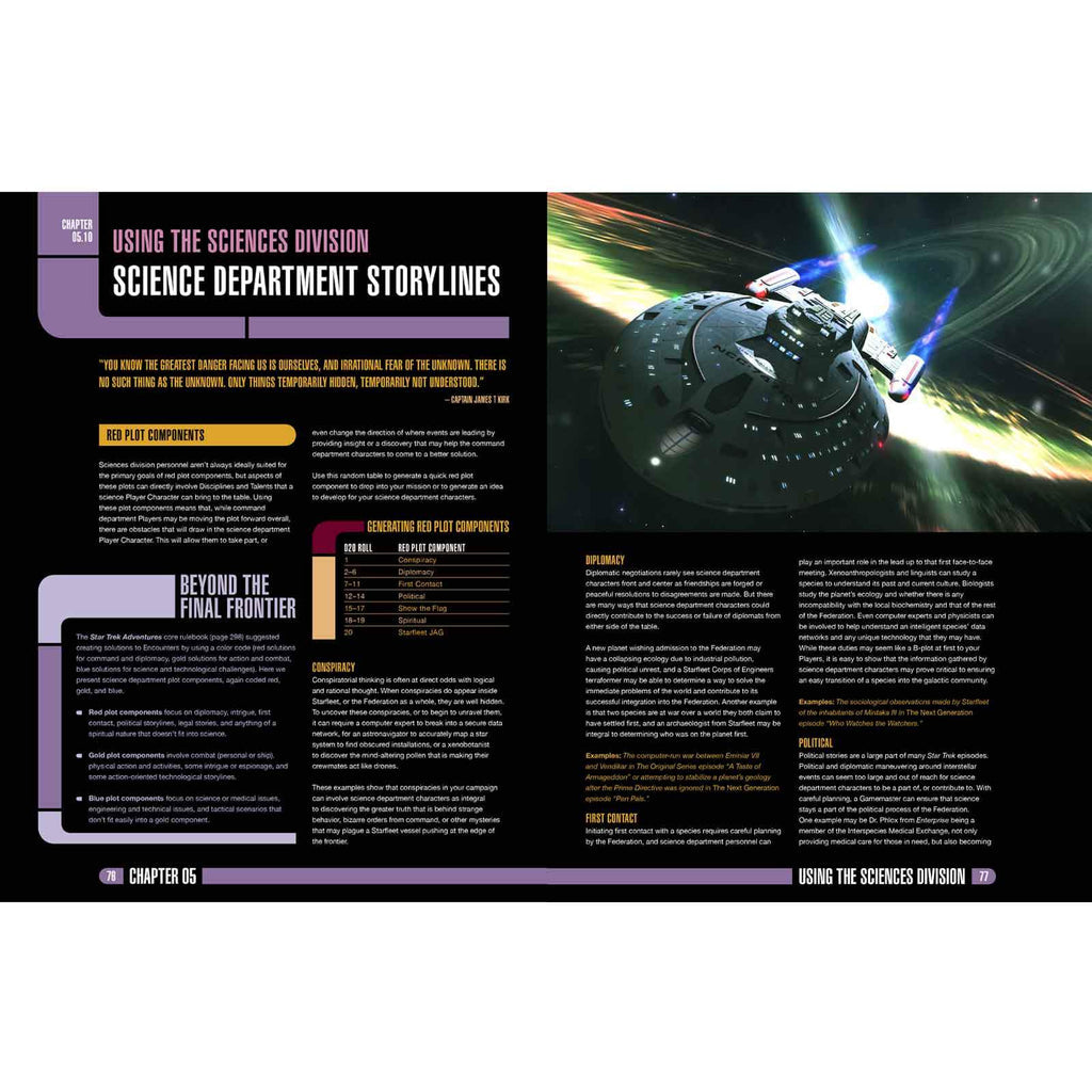 Star Trek USS Enterprise-D flying through a vibrant nebula on a book page about science storylines