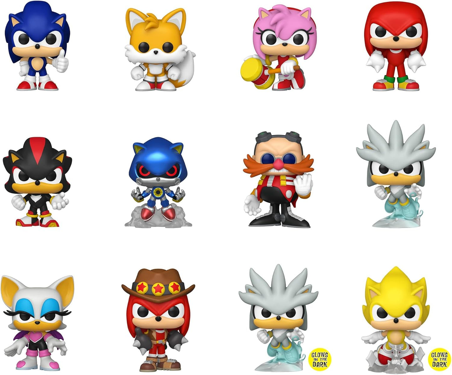 Twelve Funko Pop figures featuring popular Sonic the Hedgehog characters: Sonic, Tails, Knuckles, Shadow, Dr. Eggman, Metal Sonic, and variants