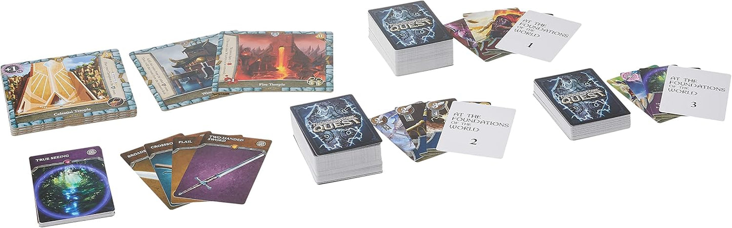 Various stacks and fanned-out cards from the Thunderstone Quest board game, showcasing fantasy art