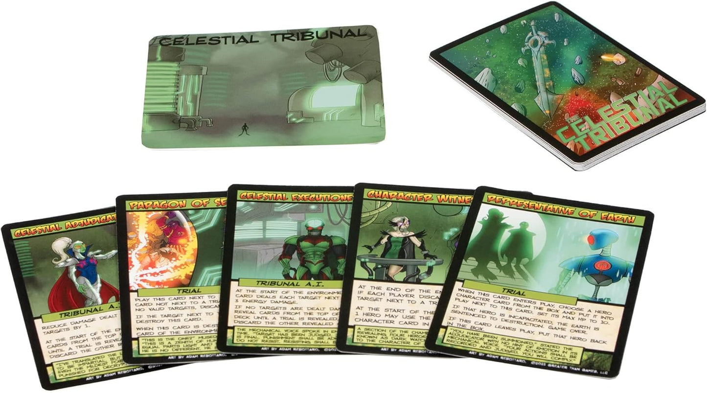 Sci-fi Celestial Tribunal card game components: a large playmat, a tilted card deck, and five diverse character cards displayed