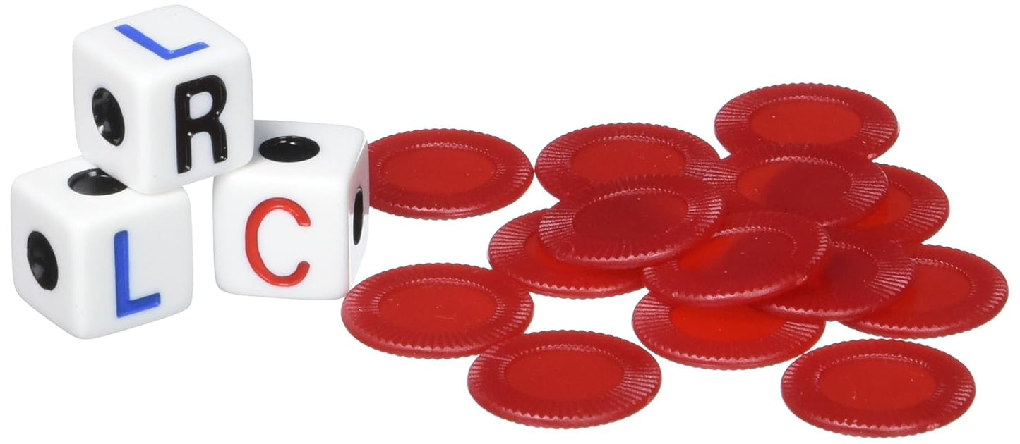 Three LCR dice marked L, R, C, beside a stack of red chips