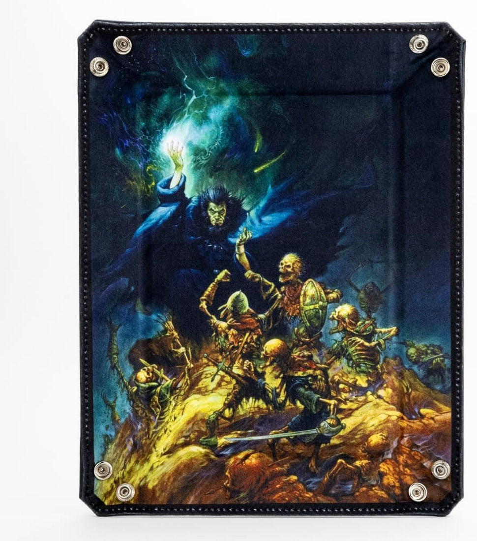 Dice tray with dark fantasy artwork showing a wizard casting a spell over battling skeletons