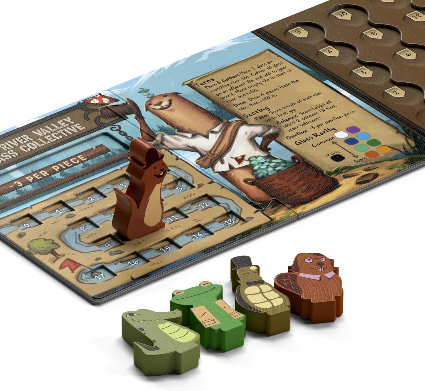 Wooden squirrel, frog, and beaver meeples on a colorful board game mat with river paths and printed rules