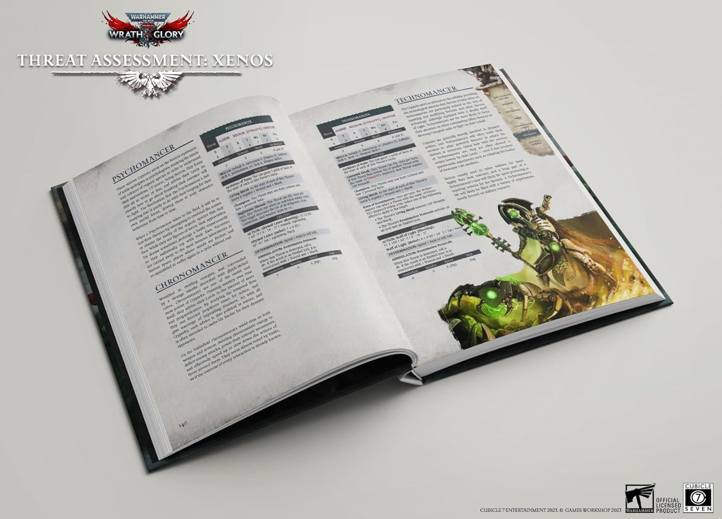 Open Warhammer 40K book: 'Threat Assessment: Xenos' pages with Necron lore and a green Technomancer holding a glowing staff