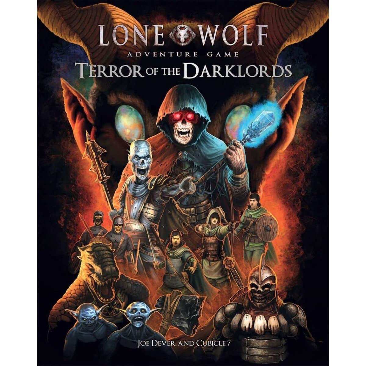 Lone Wolf cover: red-eyed skeleton wields glowing ice weapon, flanked by heroes, monsters and horned demon