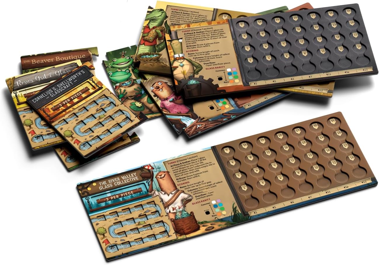 Close-up of illustrated board game tiles and two numbered trays, featuring anthropomorphic animal art