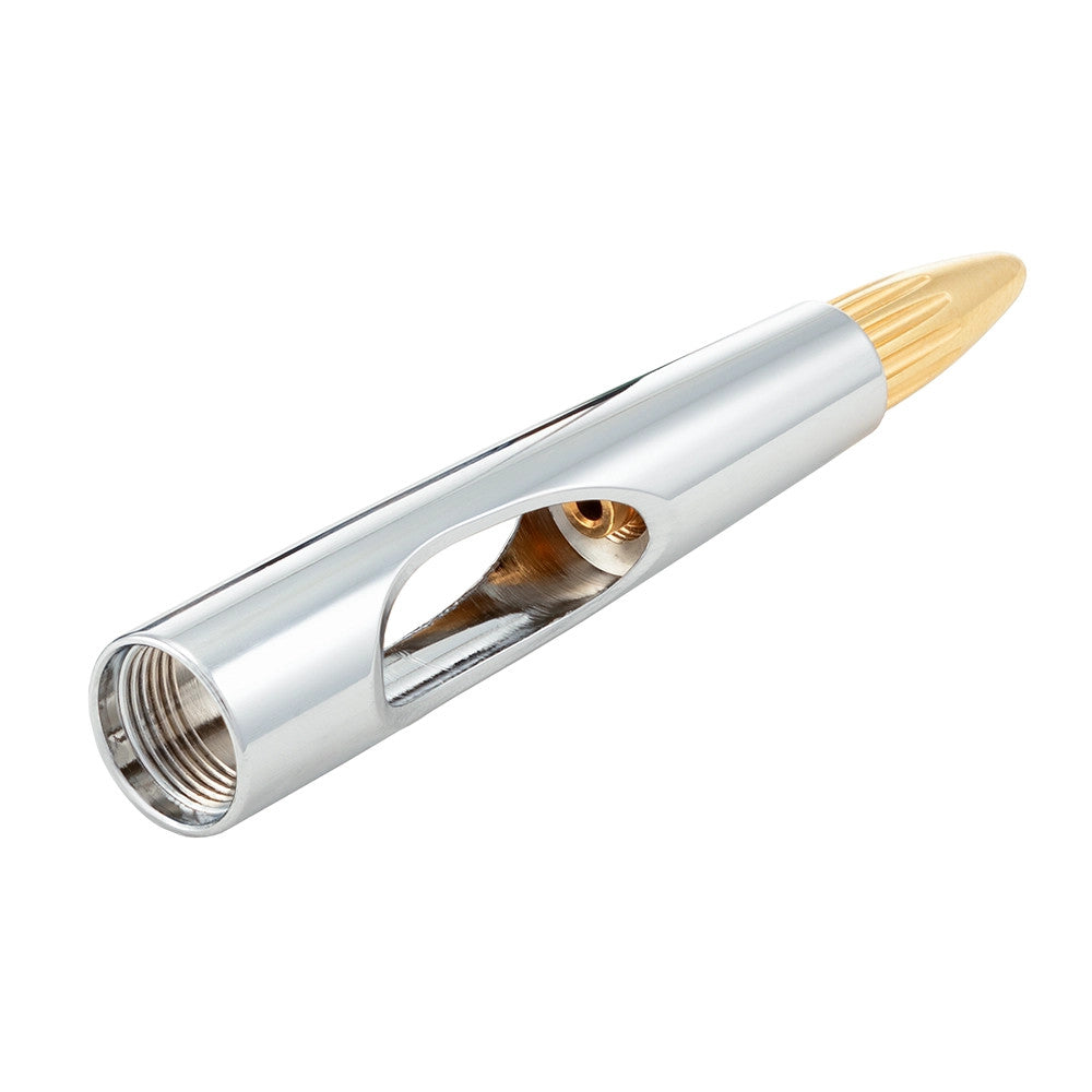 Chrome plumbing aerator or flow restrictor with a gold tip, threaded end, and cutout exposing brass