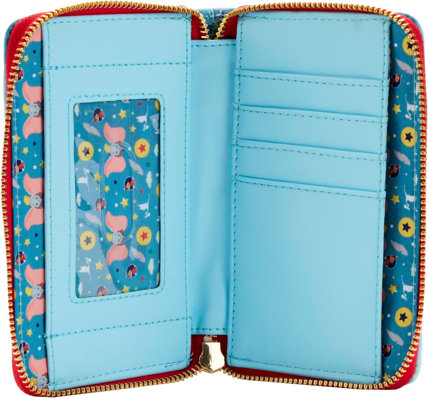 Open light blue zip-around wallet with red trim, card slots, and patterned lining
