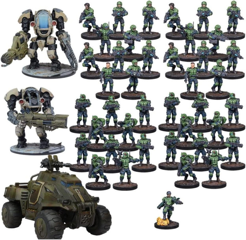 Collection of sci-fi tabletop miniatures: two mechs, an armored vehicle and many green soldiers.