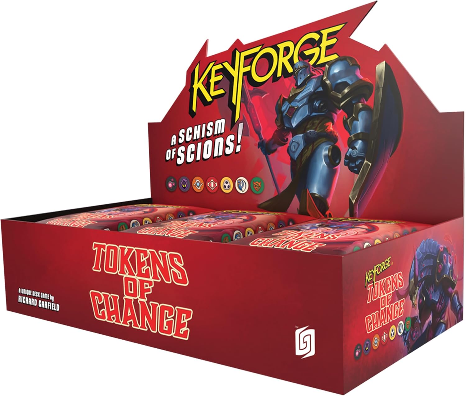 KeyForge Tokens of Change booster display box in red featuring a blue armored warrior and game title with A Schism of Scions subtitle