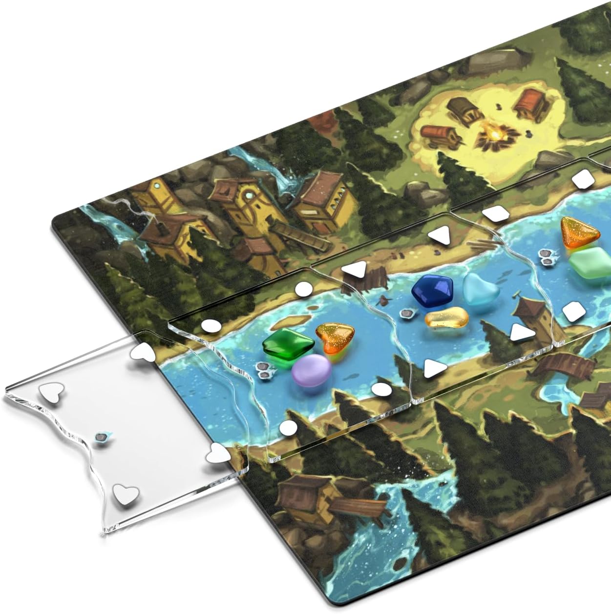 Board game tile showing forest, river, and village art. Colored resource gems are placed on top of clear acrylic component rails