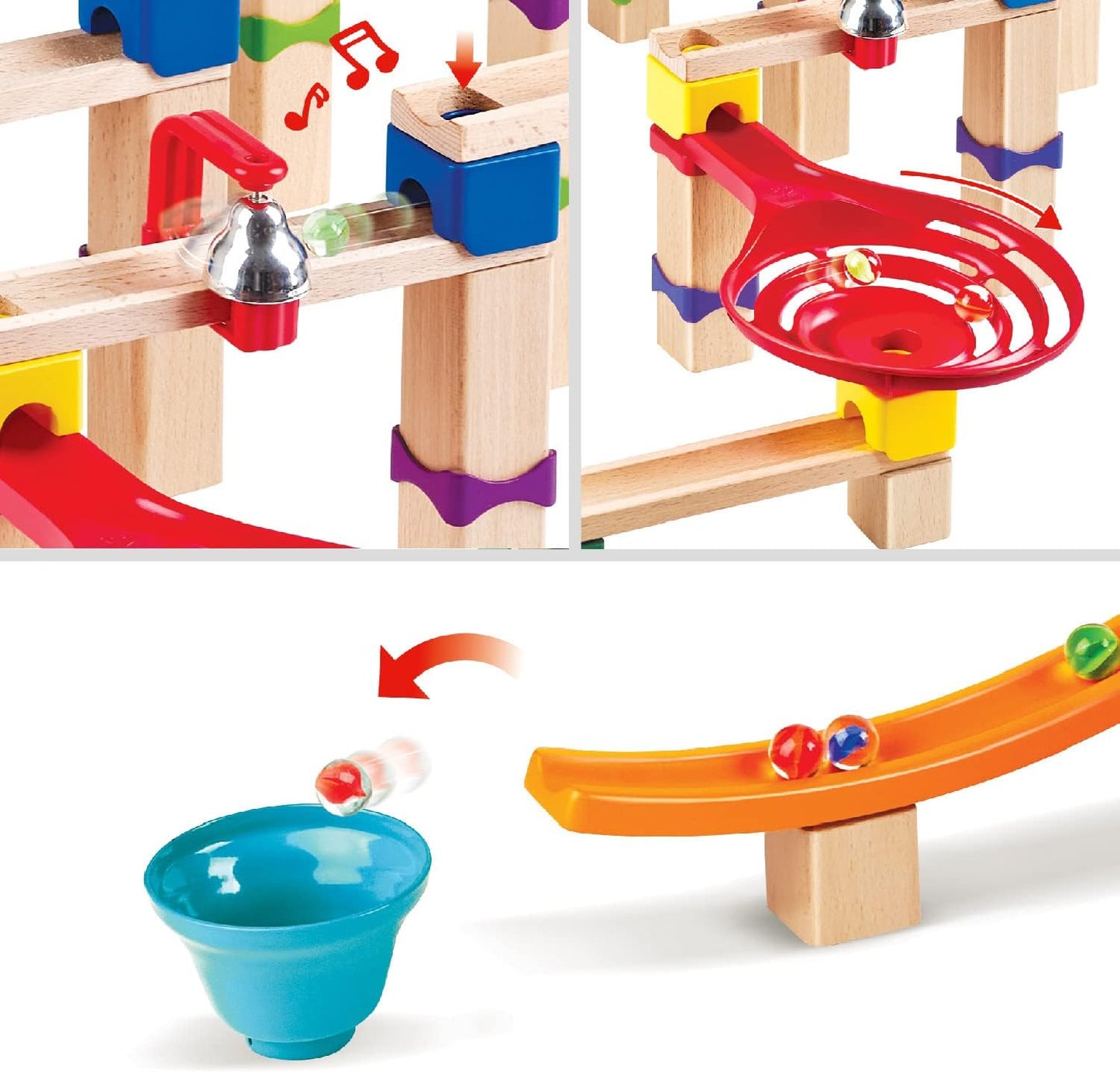 Marbles moving through wooden and colorful plastic components of a modular marble run, featuring a bell and spinner