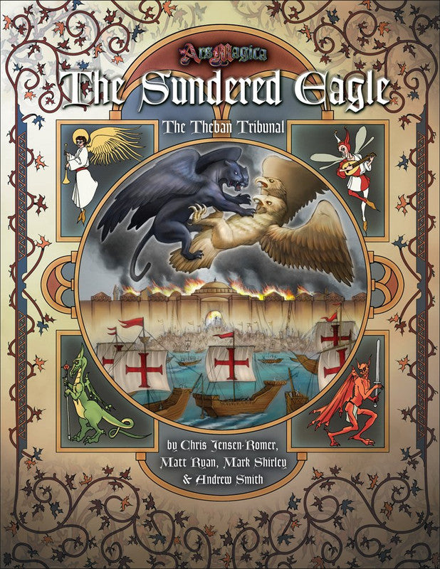Ars Magica Fifth Edition - The Sundered Eagle: The Theban Tribunal sourcebook cover. Winged black panther attacks golden eagle above a burning city and ships