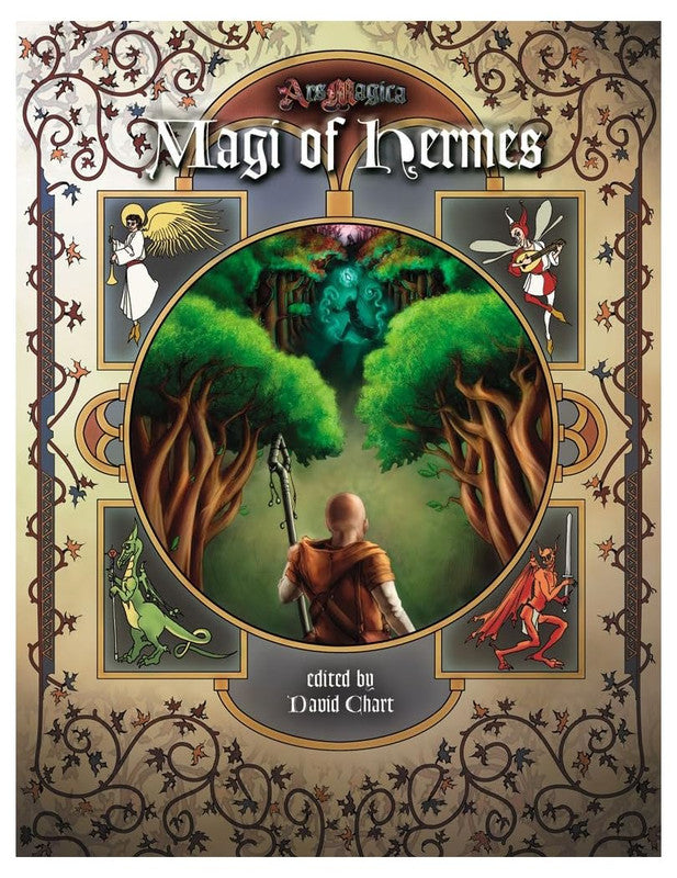 Ars Magica Fifth Edition RPG - Magi of Hermes sourcebook cover. Bald man with staff faces a glowing mystical forest, flanked by fantasy creatures