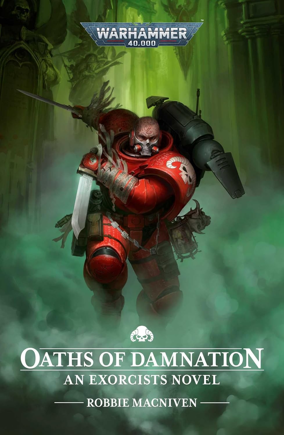 Red-armored Warhammer 40K Exorcist Space Marine with skull mask, holding a sword and bolter in green mist