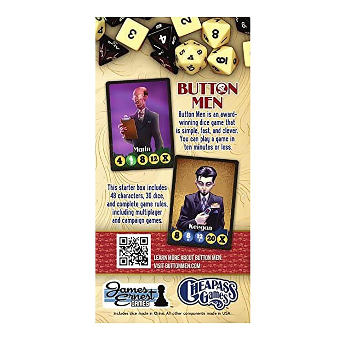 Button Men game vover graphics, featuring two character cards (Marin & Keegan), yellow dice, and game details